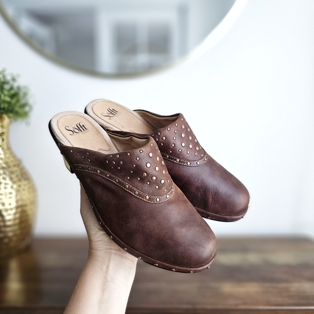 Sofft Brown Studded Leather Mules 10W